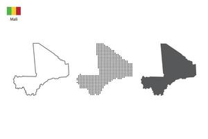 3 versiones del vector de la ciudad del mapa de Malí por estilo de simplicidad de contorno negro delgado, estilo de punto negro y estilo de sombra oscura. todo en el fondo blanco.