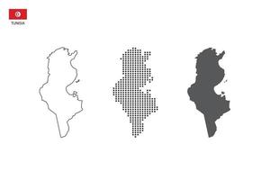 3 versions of Tunisia map city vector by thin black outline simplicity style, Black dot style and Dark shadow style. All in the white background.