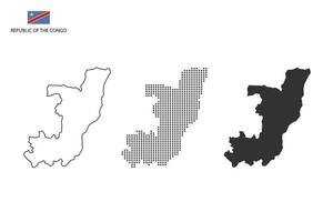 3 versiones del vector de la ciudad del mapa de la república del congo por estilo de simplicidad de contorno negro delgado, estilo de punto negro y estilo de sombra oscura. todo en el fondo blanco.