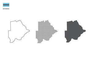 3 versiones del vector de la ciudad del mapa de Botswana por estilo de simplicidad de contorno negro delgado, estilo de punto negro y estilo de sombra oscura. todo en el fondo blanco.