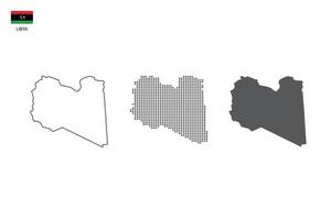 3 versiones del vector de la ciudad del mapa de libia por estilo de simplicidad de contorno negro delgado, estilo de punto negro y estilo de sombra oscura. todo en el fondo blanco.