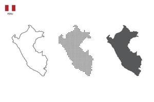 3 versiones del vector de la ciudad del mapa de Perú por estilo de simplicidad de contorno negro delgado, estilo de punto negro y estilo de sombra oscura. todo en el fondo blanco.