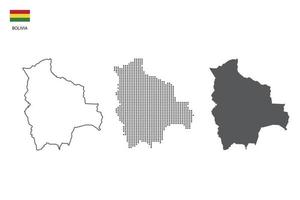 3 versiones del vector de la ciudad del mapa de bolivia por estilo de simplicidad de contorno negro delgado, estilo de punto negro y estilo de sombra oscura. todo en el fondo blanco.