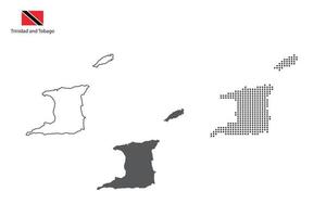 3 versiones del vector de la ciudad del mapa de trinidad y tobago por estilo de simplicidad de contorno negro delgado, estilo de punto negro y estilo de sombra oscura. todo en el fondo blanco.