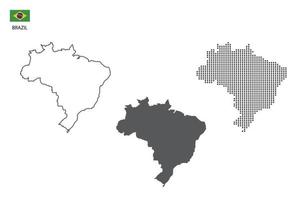 3 versiones del vector de la ciudad del mapa de brasil por estilo de simplicidad de contorno negro delgado, estilo de punto negro y estilo de sombra oscura. todo en el fondo blanco.