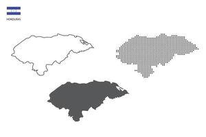 3 versiones del vector de la ciudad del mapa de honduras por estilo de simplicidad de contorno negro delgado, estilo de punto negro y estilo de sombra oscura. todo en el fondo blanco.