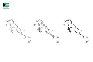 3 versions of Bahamas map city vector by thin black outline simplicity style, Black dot style and Dark shadow style. All in the white background.