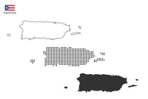 3 versiones del vector de la ciudad del mapa de puerto rico por estilo de simplicidad de contorno negro delgado, estilo de punto negro y estilo de sombra oscura. todo en el fondo blanco.