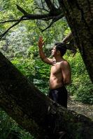 Lifestyle man yoga exercise and pose for healthy life. Young man or people pose balance body vital zen meditation for workou photo