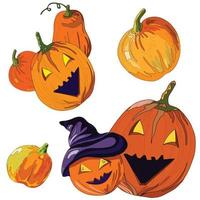 set of orange pumpkins for halloween, vector illustration on a white background