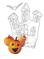orange pumpkins on the background of an old castle doodle style, coloring book, coloring page for kids
