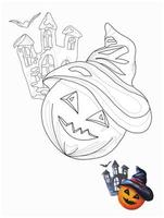 antiguo castillo místico y linternas de calabaza en estilo garabato, libro para colorear, página para colorear para niños y adultos para halloween vector