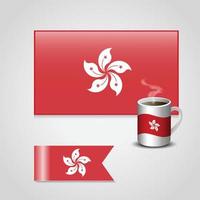 bandera de hong kong impresa en una taza de café y una bandera pequeña vector