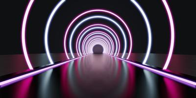 corredor de túnel abstracto con rayos de luz y nuevos reflejos escena de neón de fondo abstracto con rayos y líneas luz de arco redondo en movimiento noche ilustración 3d foto