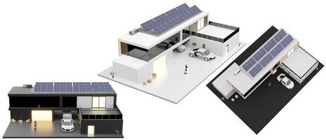 cargador de coche eléctrico en el techo de la casa del edificio y paneles solares casa inteligente conjunto fotovoltaico solar incluido ilustración 3d aislada en un fondo blanco con trazado de recorte foto