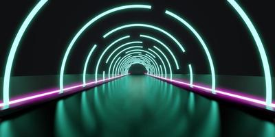 corredor de túnel abstracto con rayos de luz y nuevos reflejos escena de neón de fondo abstracto con rayos y líneas luz de arco redondo en movimiento noche ilustración 3d foto