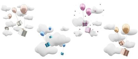 balloons and gift boxes floating in the blue sky on a cloudy day new year card birthday card set included 3d illustration isolated on a white background with clipping path photo