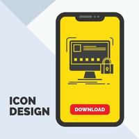 proteger. proteccion. cerrar. la seguridad. icono de glifo seguro en el móvil para la página de descarga. fondo amarillo vector