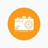 Camera. photography. capture. photo. aperture White Glyph Icon in Circle. Vector Button illustration