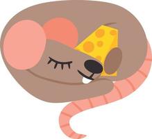 Cute image of sleeping rat with cheese in paws. Vector illustration isolated on white background. Design element for menu posters stationery websites. Flat. Cartoon mouse