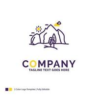 Company Name Logo Design For hill. landscape. nature. mountain. tree. Purple and yellow Brand Name Design with place for Tagline. Creative Logo template for Small and Large Business. vector