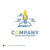 lanzar. publicar. aplicación lanzadera. plantilla de logotipo empresarial amarillo azul espacial. lugar de plantilla de diseño creativo para eslogan. vector