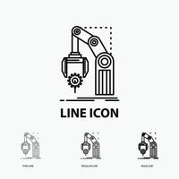 Automation. factory. hand. mechanism. package Icon in Thin. Regular and Bold Line Style. Vector illustration