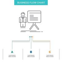 presentation. businessman. chart. graph. progress Business Flow Chart Design with 3 Steps. Line Icon For Presentation Background Template Place for text vector