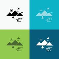 Mountains. Nature. Outdoor. Clouds. Sun Icon Over Various Background. glyph style design. designed for web and app. Eps 10 vector illustration