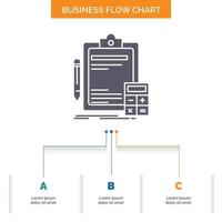 contabilidad. bancario. calculadora. Finanzas. diseño de diagrama de flujo de negocio de auditoría con 3 pasos. icono de glifo para el lugar de plantilla de fondo de presentación para texto. vector