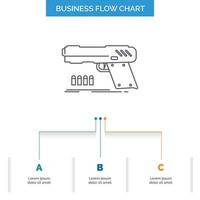 gun. handgun. pistol. shooter. weapon Business Flow Chart Design with 3 Steps. Line Icon For Presentation Background Template Place for text vector