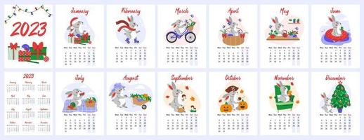 Vertical wall calendar for 2023 with symbol of the year - Rabbit in various scenes from life. Flat vector illustration.