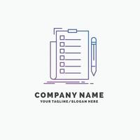 pericia. Lista de Verificación. controlar. lista. documento plantilla de logotipo de empresa púrpura. lugar para el eslogan vector