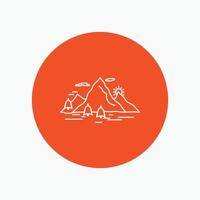 Nature. hill. landscape. mountain. scene White Line Icon in Circle background. vector icon illustration