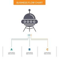 space ship. space. ship. rocket. alien Business Flow Chart Design with 3 Steps. Glyph Icon For Presentation Background Template Place for text. vector