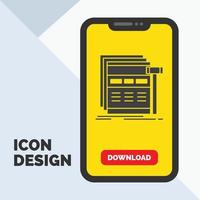 Internet. page. web. webpage. wireframe Glyph Icon in Mobile for Download Page. Yellow Background vector