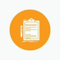 Contract. check. Business. done. clip board White Glyph Icon in Circle. Vector Button illustration