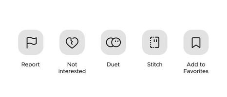 Report, not interested, duet, stitch, and add to favorites. Icon set of social media interface vector