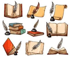 Old book, paper scroll and feather pen sketch set vector