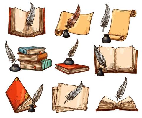 Old book, paper scroll and feather pen sketch set