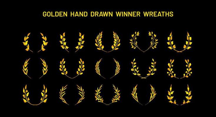 Simple Hand Drawn Sketches of Fantasy Golden Victory Wreaths, Laurel Crowns. Collection of Design Elements