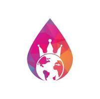 diseño del logotipo vectorial del concepto de forma de gota del planeta rey. diseño del icono del logotipo del rey del mundo. vector
