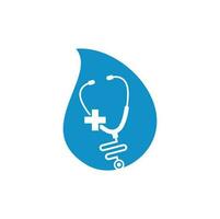 Stethoscope cross drop shape logo design. Medical health vector health logo with cross and stethoscope icon symbol.