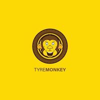 Monkey head in car tire, wheel design element for company. Abstract sport automotive tire and monkey face logo symbol. vector