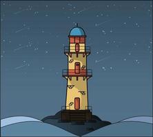 edificio de faro plano con ilustración de pequeñas montañas. faro, diseño de vector de vista de paisaje de mar.