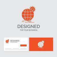 plantilla de logotipo de empresa para internacional. negocio. globo. en todo el mundo. engranaje. tarjetas de visita naranjas con plantilla de logotipo de marca. vector