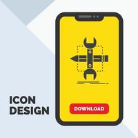 construir. diseño. desarrollar. bosquejo. icono de glifo de herramientas en el móvil para la página de descarga. fondo amarillo vector
