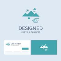 Mountains. Nature. Outdoor. Clouds. Sun Business Logo Glyph Icon Symbol for your business. Turquoise Business Cards with Brand logo template. vector