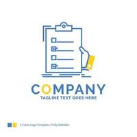 checklist. check. expertise. list. clipboard Blue Yellow Business Logo template. Creative Design Template Place for Tagline. vector