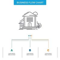 hogar. casa. Departamento. edificio. diseño de diagrama de flujo de negocios de oficina con 3 pasos. icono de línea para el lugar de plantilla de fondo de presentación para texto vector